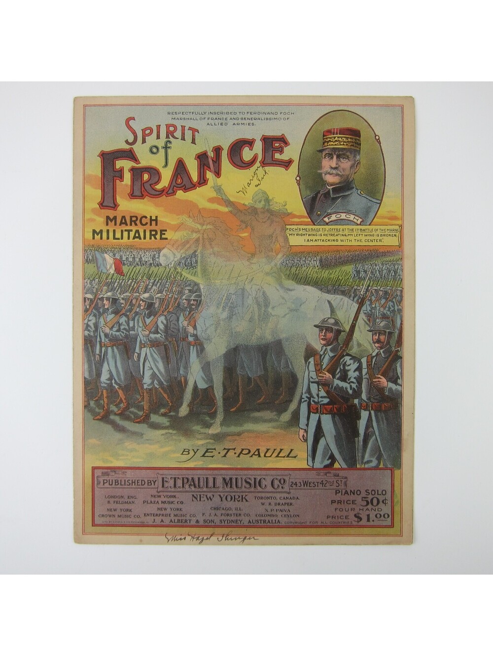 Sheet Music Spirit of France March Militaire E. T. Paull WWI War Antique 1919